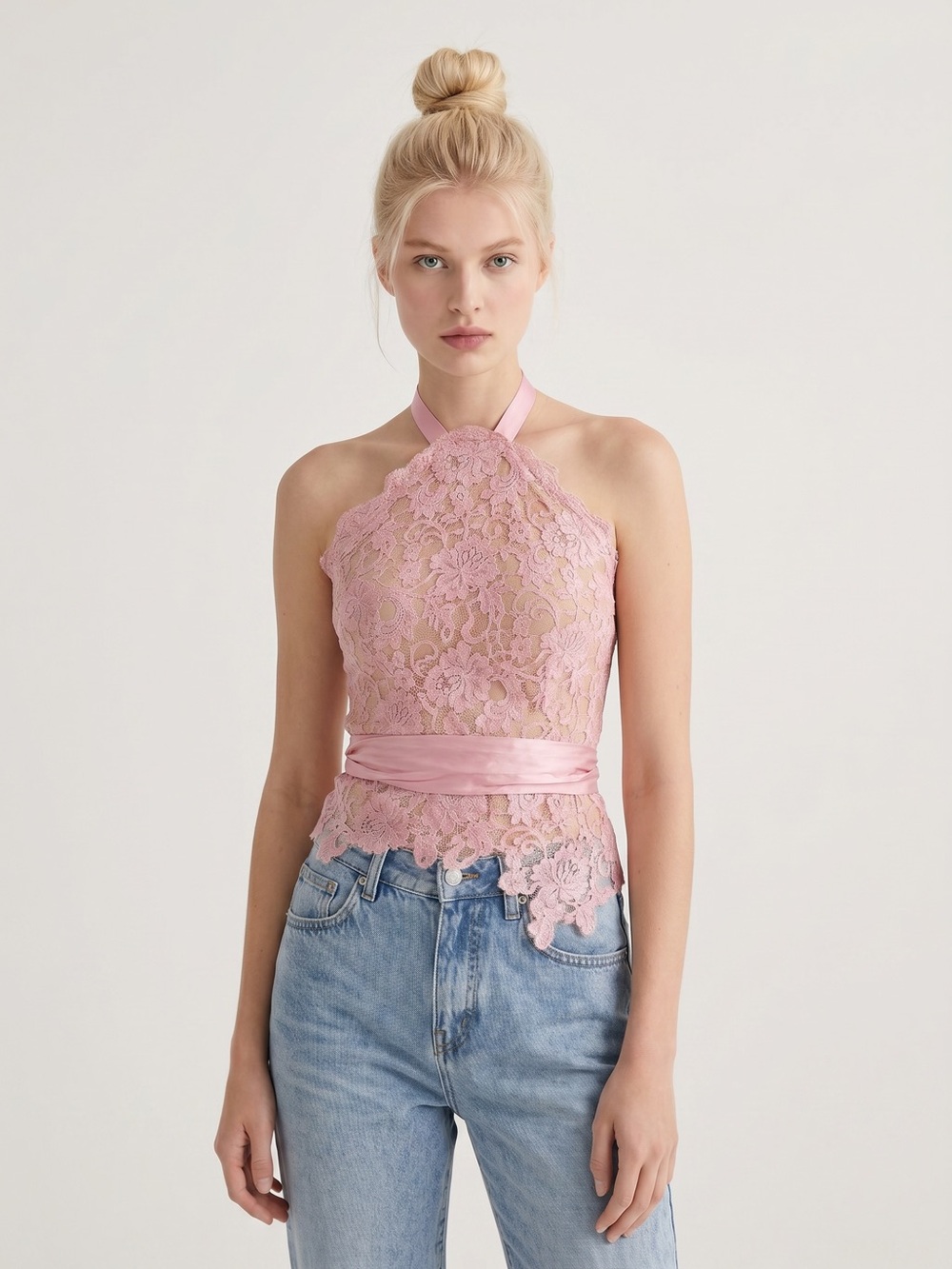 Vintage 100% Silk pink lace fairy halter top. Cottage. Fairy, Y2K. Luxe. Size 6